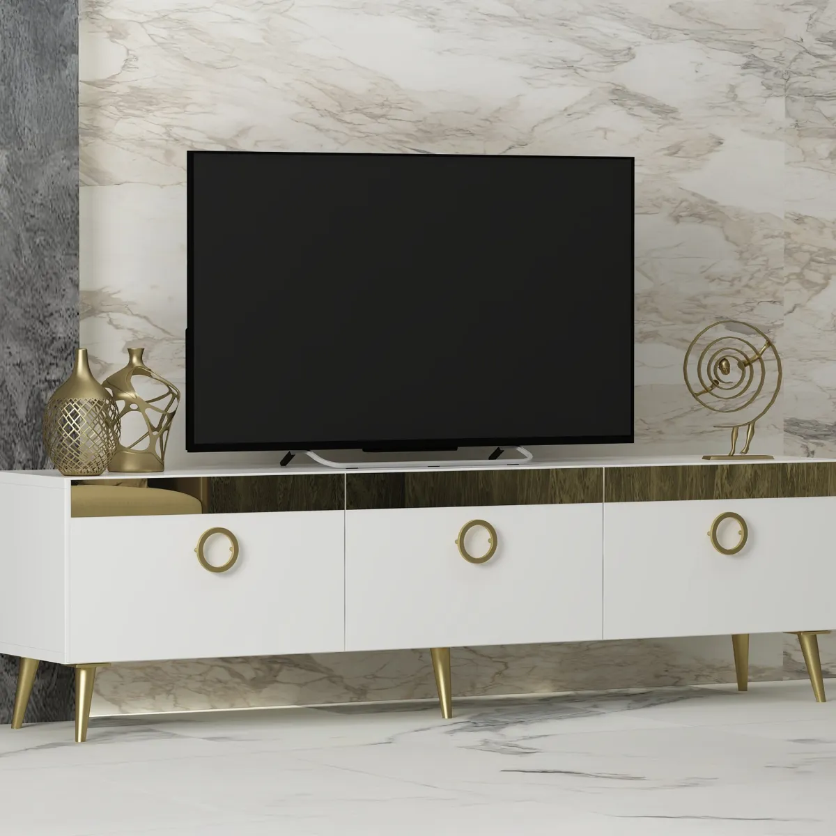 Mobili Porta Tv > Dmora Mobile Porta tv Bianco oro 3 Ante 3 Vani 150x30x45h cm, Apertura a Ribalta - Fiore Oro, Bianco