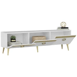 Mobili Porta Tv > Dmora Mobile Porta tv Bianco oro 3 Ante 3 Vani 150x30x45h cm, Apertura a Ribalta - Fiore Oro, Bianco