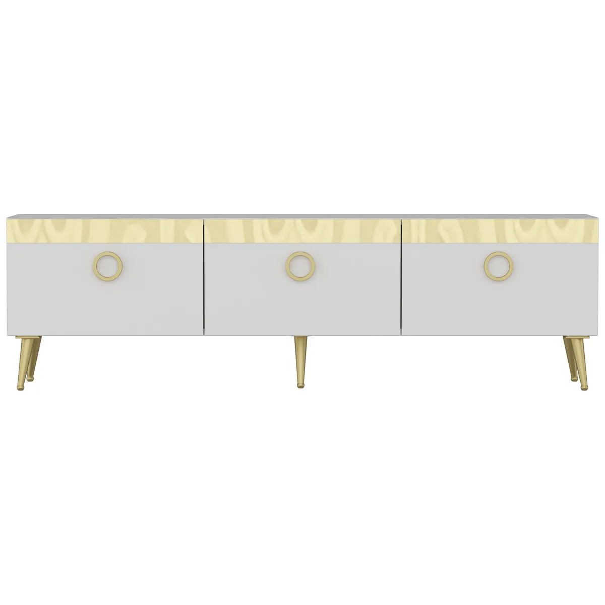 Mobili Porta Tv > Dmora Mobile Porta tv Bianco oro 3 Ante 3 Vani 150x30x45h cm, Apertura a Ribalta - Fiore Oro, Bianco