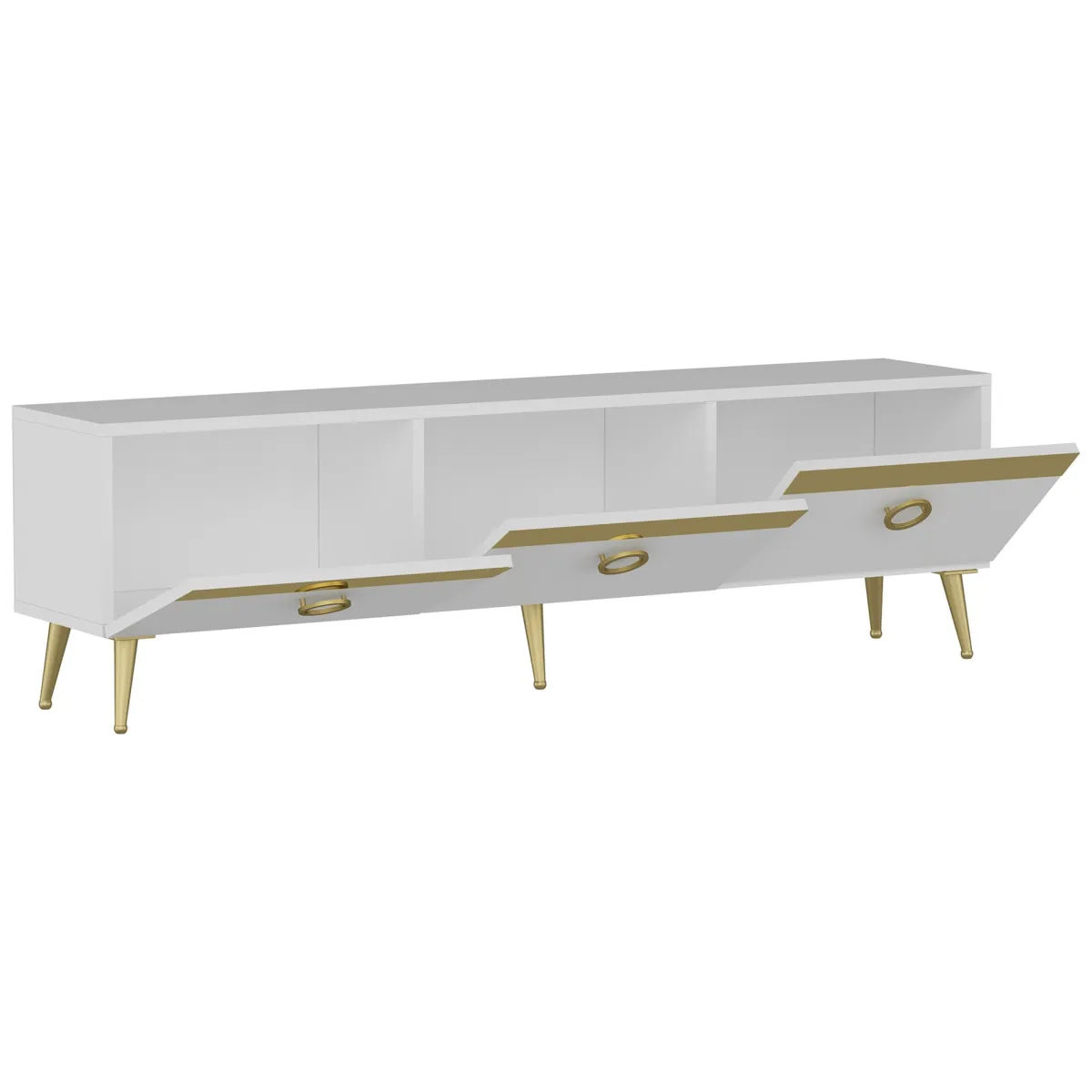 Mobili Porta Tv > Dmora Mobile Porta tv Bianco oro 3 Ante 3 Vani 150x30x45h cm, Apertura a Ribalta - Fiore Oro, Bianco