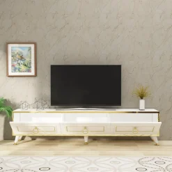 Mobile Porta tv Bianco oro 3 Ante 3 Vani 180x30x45h cm, Apertura a Ribalta - Liberi