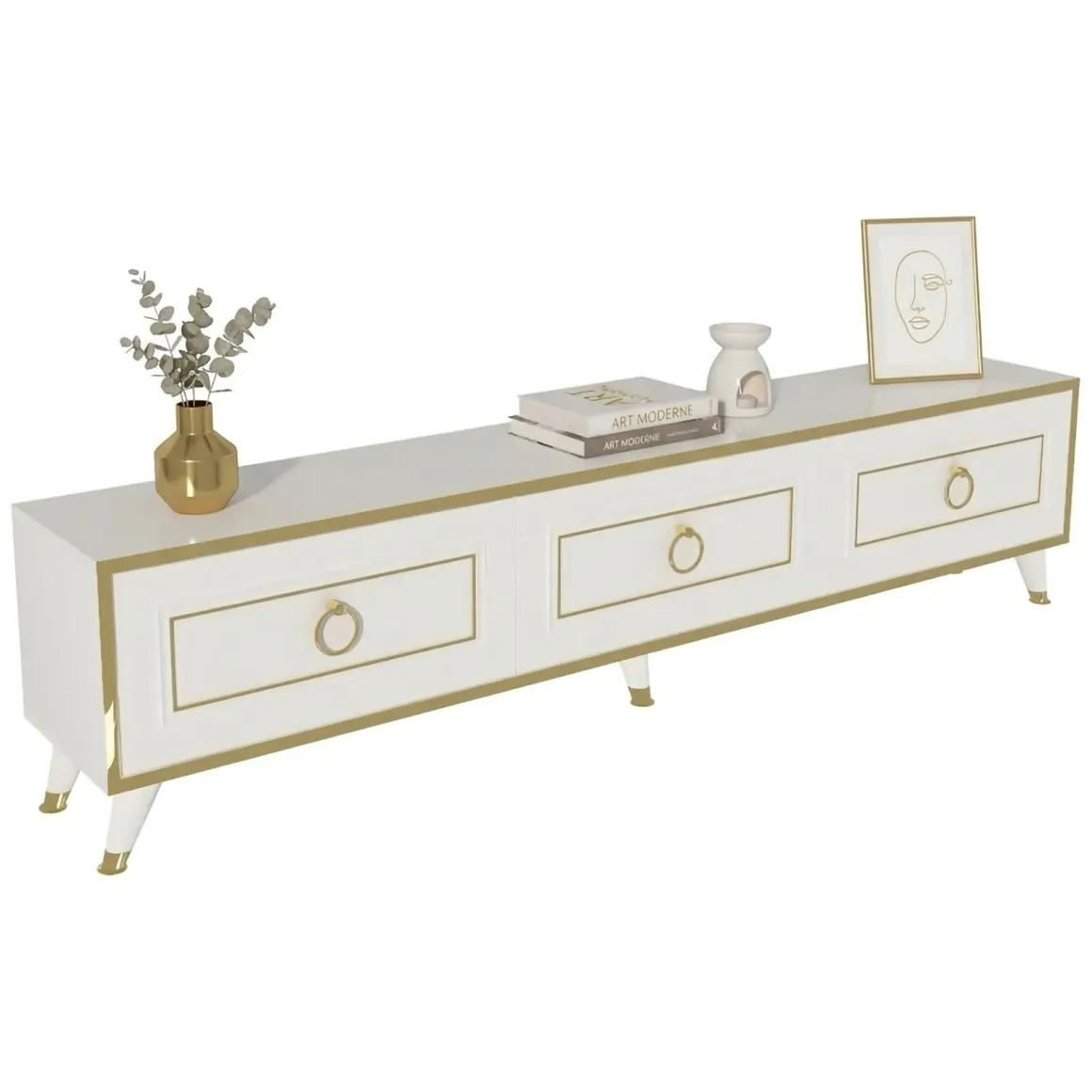 Mobile Porta tv Bianco oro 3 Ante 3 Vani 180x30x45h cm, Apertura a Ribalta - Liberi