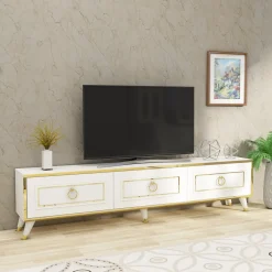 Mobile Porta tv Bianco oro 3 Ante 3 Vani 180x30x45h cm, Apertura a Ribalta - Liberi