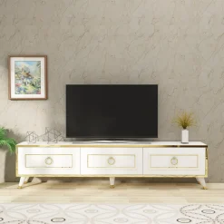 Mobile Porta tv Bianco oro 3 Ante 3 Vani 180x30x45h cm, Apertura a Ribalta - Liberi