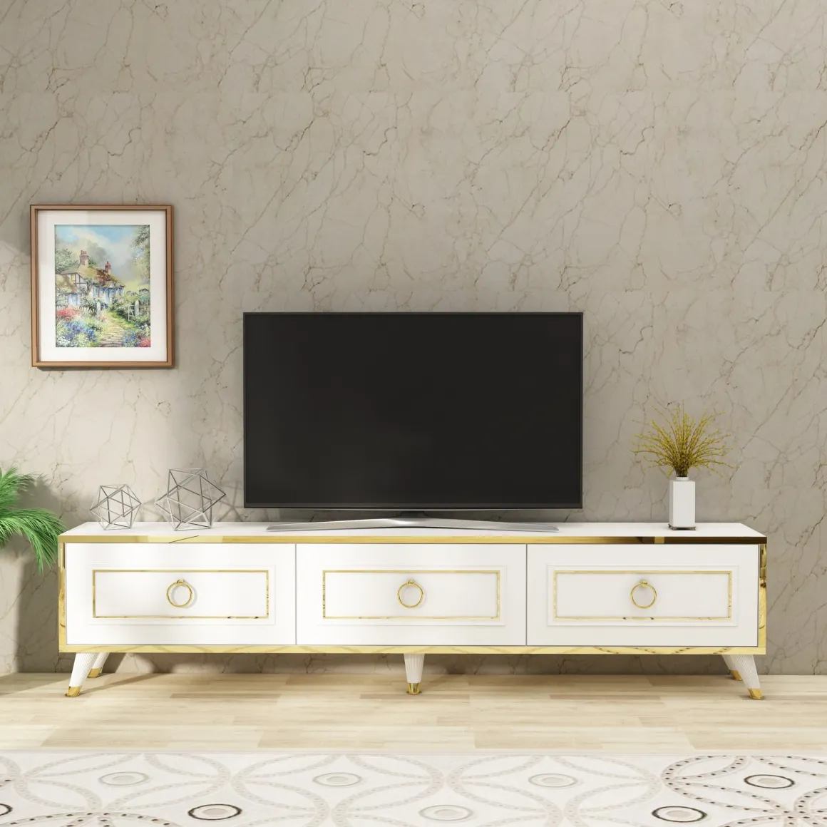 Mobile Porta tv Bianco oro 3 Ante 3 Vani 180x30x45h cm, Apertura a Ribalta - Liberi