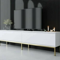 Mobili Porta Tv|Salotto > Dmora Mobile Porta tv Bianco oro Cassetti un Ripiano 180x30x47h cm, 2 Ante - Espero Oro, Bianco