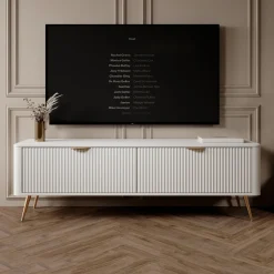Mobili Porta Tv > Dmora Mobile Porta tv Bianco oro 2 Ripiani 2 Ante 163x38x51h cm, Ante Effetto Rigato con Piedini - Kalase Oro, Bianco