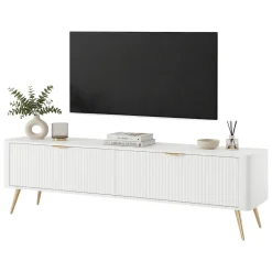 Mobili Porta Tv > Dmora Mobile Porta tv Bianco oro 2 Ripiani 2 Ante 163x38x51h cm, Ante Effetto Rigato con Piedini - Kalase Oro, Bianco