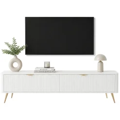 Mobile Porta tv Bianco oro 2 Ripiani 2 Ante 200x38x51h cm, Ante Effetto Rigato con Piedini - Kala