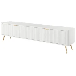 Mobile Porta tv Bianco oro 2 Ripiani 2 Ante 200x38x51h cm, Ante Effetto Rigato con Piedini - Kala