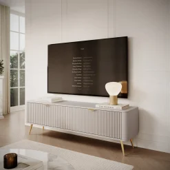Mobile Porta tv Bianco oro un Ripiano 2 Ante 163x38x51h cm, Ante Effetto Rigato con Piedini - Kalase