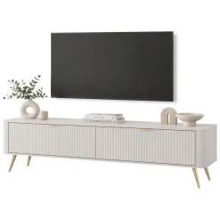 Mobile Porta tv Bianco oro un Ripiano 2 Ante 163x38x51h cm, Ante Effetto Rigato con Piedini - Kalase