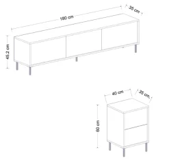 Mobile Porta tv Bianco 2 Ripiani 5 Ante 180x35x45h cm, con Finiture oro - Cortin