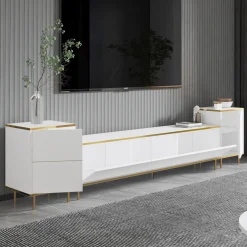 Mobile Porta tv Bianco 2 Ripiani 5 Ante 180x35x45h cm, con Finiture oro - Cortin