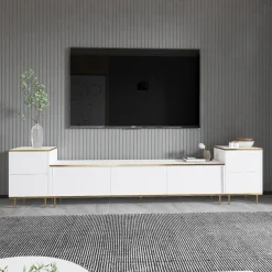Mobile Porta tv Bianco 2 Ripiani 5 Ante 180x35x45h cm, con Finiture oro - Cortin