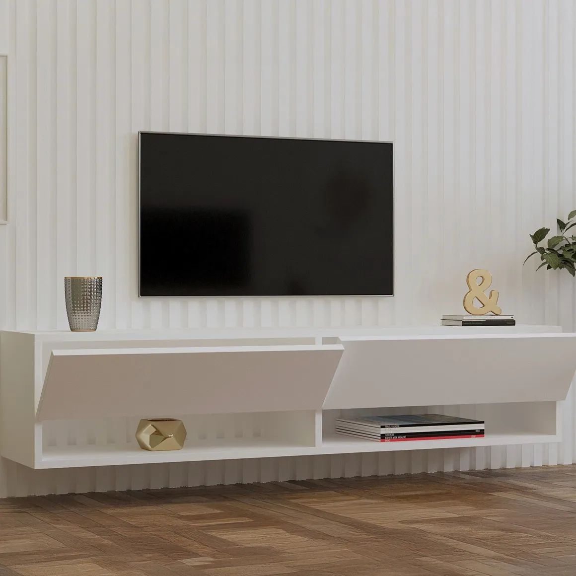 Mobile Porta tv Bianco 2 Ripiani Apertura a Ribalta 141x30x31h cm, 2 Ante - Olmi