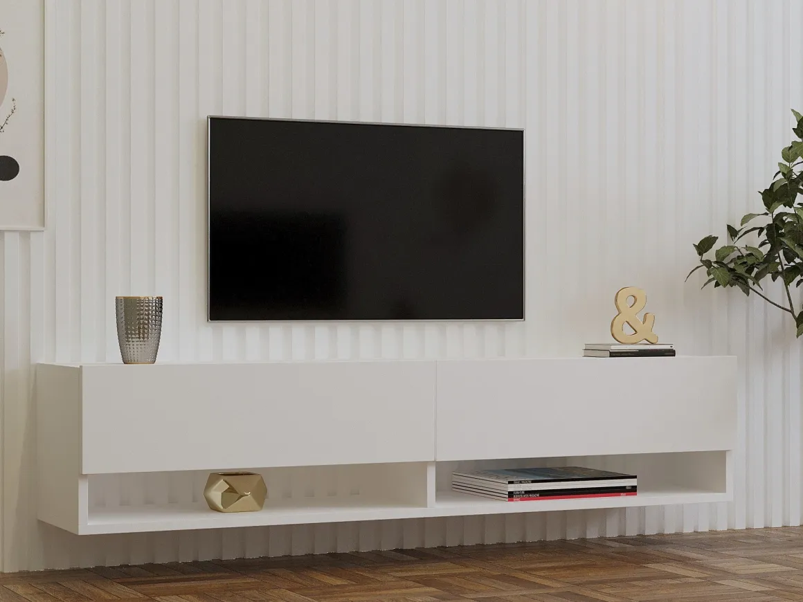 Mobile Porta tv Bianco 2 Ripiani Apertura a Ribalta 141x30x31h cm, 2 Ante - Olmi