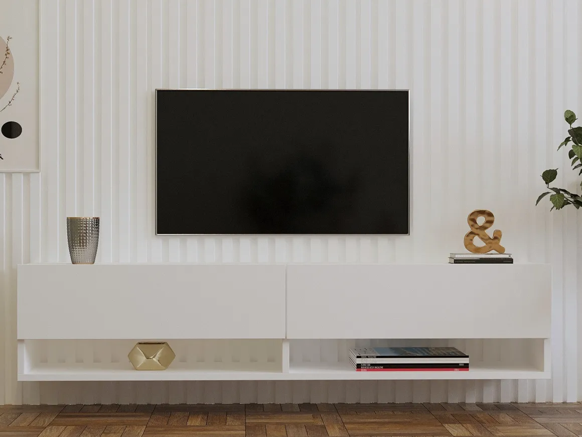 Mobile Porta tv Bianco 2 Ripiani Apertura a Ribalta 141x30x31h cm, 2 Ante - Olmi