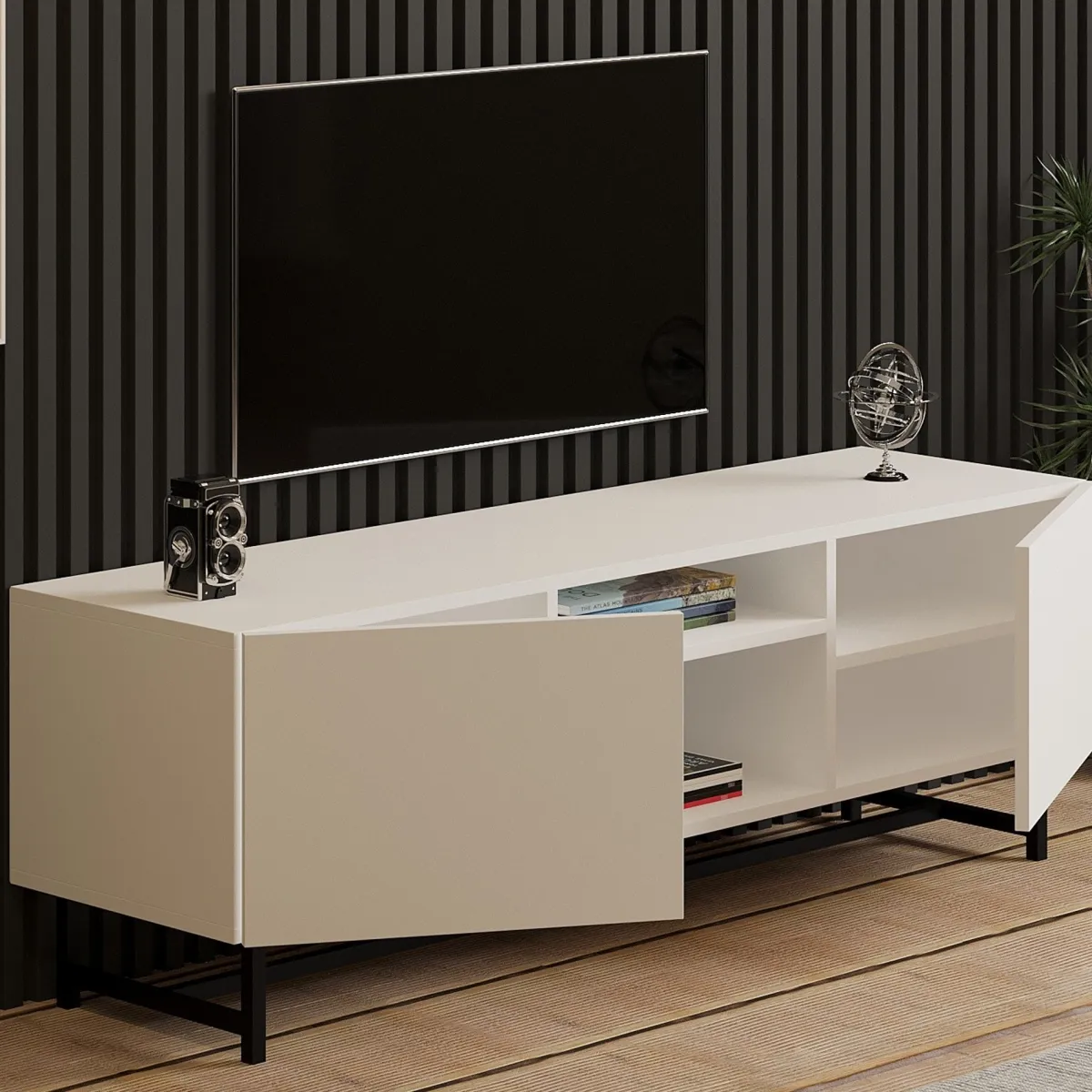 Mobili Porta Tv > Dmora Mobile Porta tv 3 Ripiani Apertura Battente 150x37x50h cm, 2 Ante - Nicolao Bianco