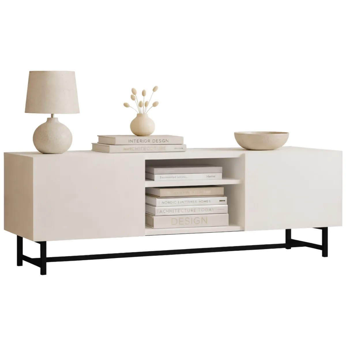 Mobili Porta Tv > Dmora Mobile Porta tv 3 Ripiani Apertura Battente 150x37x50h cm, 2 Ante - Nicolao Bianco