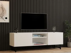 Mobili Porta Tv > Dmora Mobile Porta tv 3 Ripiani Apertura Battente 150x37x50h cm, 2 Ante - Nicolao Bianco