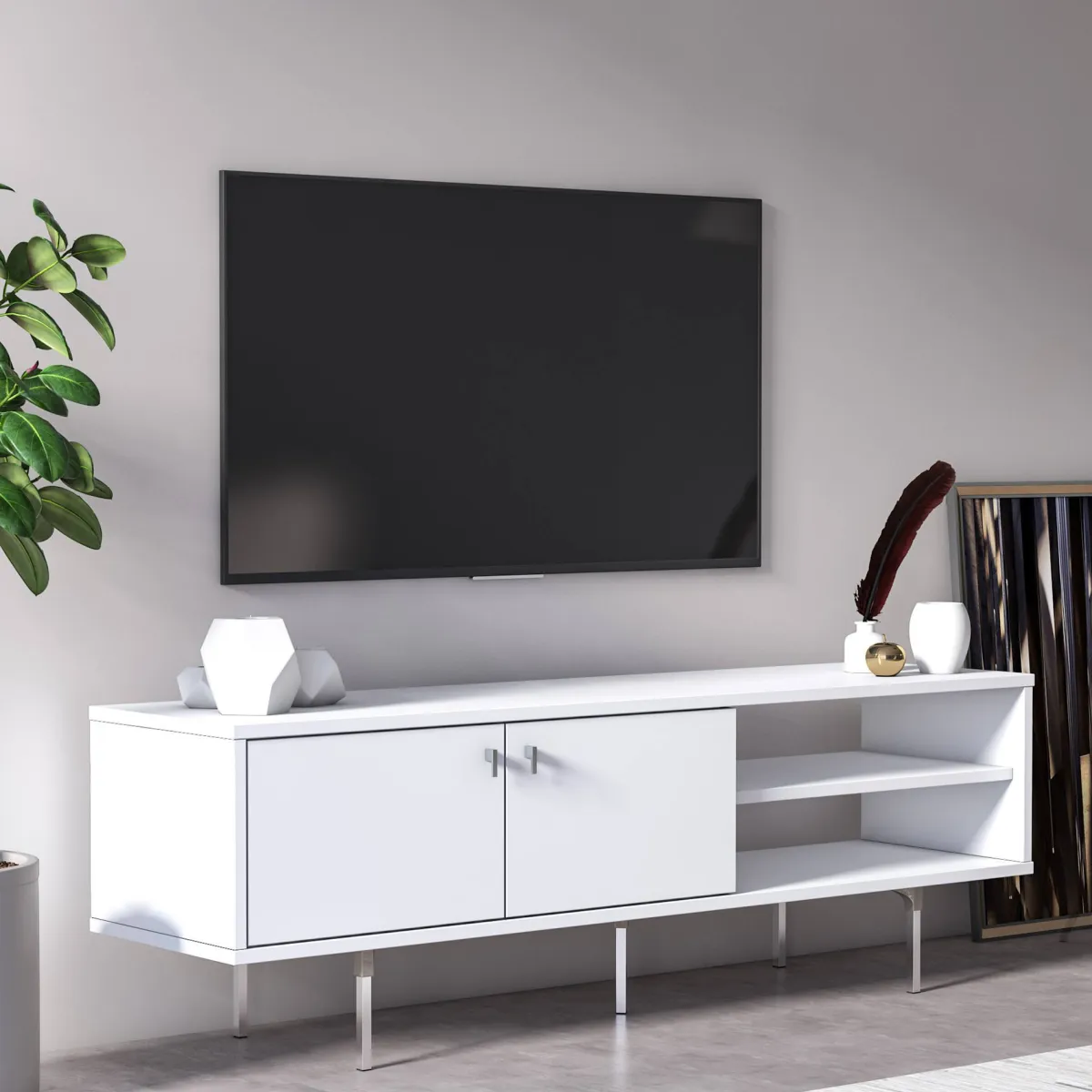 Mobili Porta Tv > Dmora Mobile Porta tv un Ripiano 2 Ante 140x35x45h cm, 3 Vani Bianco