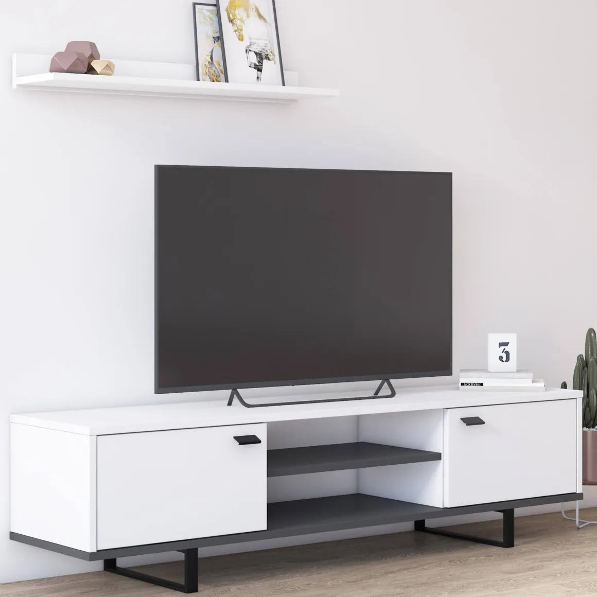 Mobile Porta tv Bianco un Ripiano 2 Ante 150x44x35h cm, 4 Vani