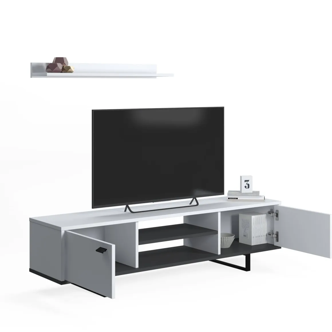 Mobile Porta tv Bianco un Ripiano 2 Ante 150x44x35h cm, 4 Vani