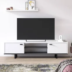 Mobile Porta tv Bianco un Ripiano 2 Ante 150x44x35h cm, 4 Vani