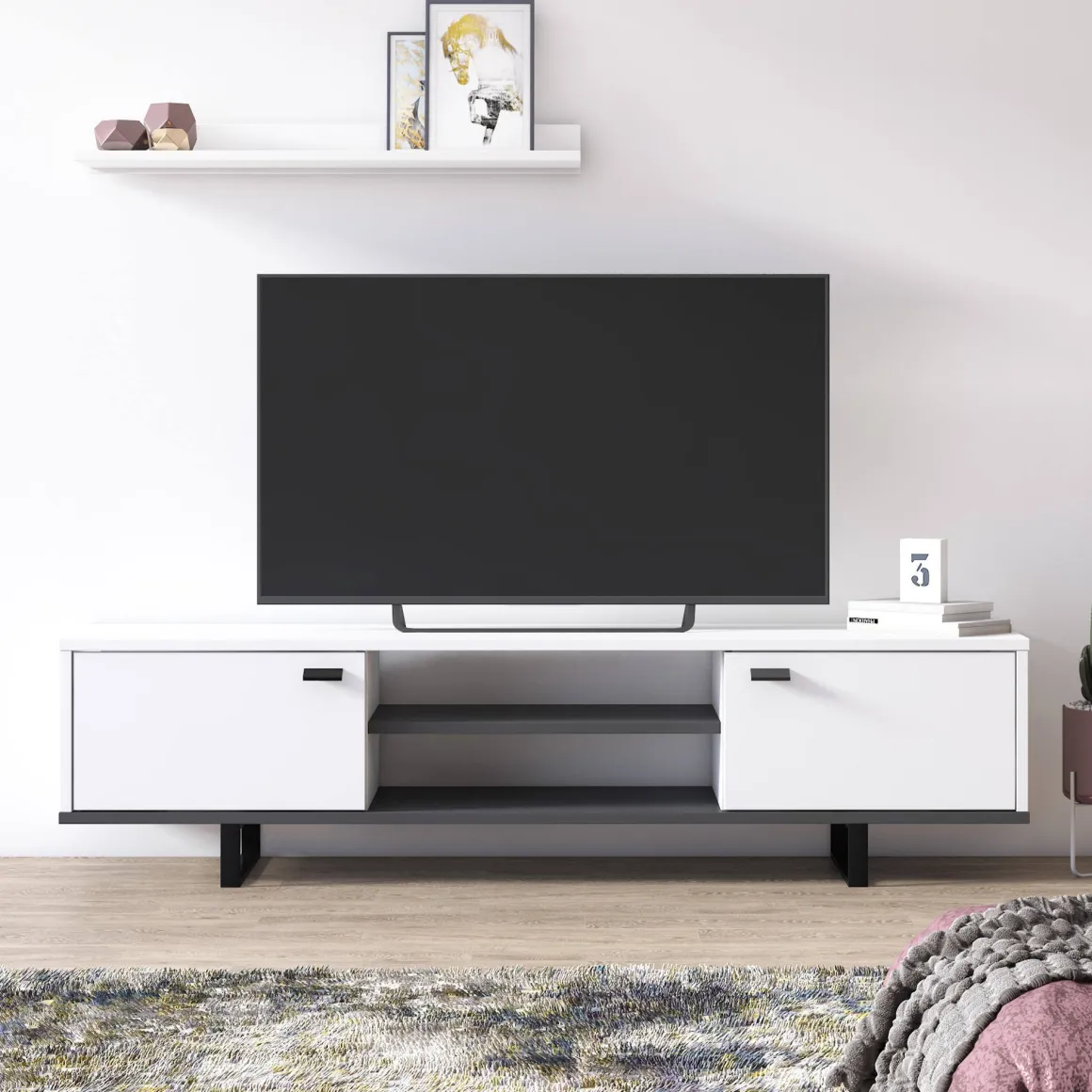 Mobile Porta tv Bianco un Ripiano 2 Ante 150x44x35h cm, 4 Vani