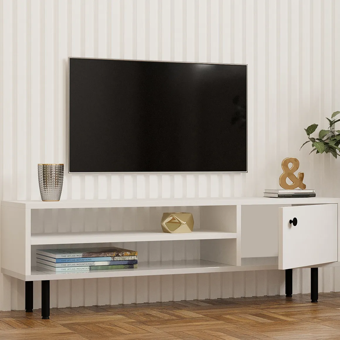 Mobili Porta Tv > Dmora Mobile Porta tv un Ripiano Un'anta 42x180x42h cm, 2 Vani - Borger Bianco