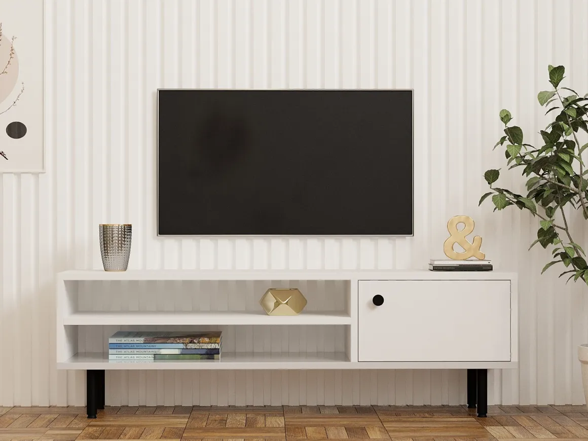 Mobili Porta Tv > Dmora Mobile Porta tv un Ripiano Un'anta 42x180x42h cm, 2 Vani - Borger Bianco