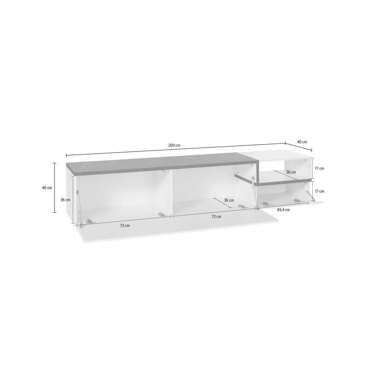 Salotto > Dmora Mobile porta TV Febe, cm 200x40h49, Bianco lucido e Ardesia Grigio Ardesia, Bianco Lucido