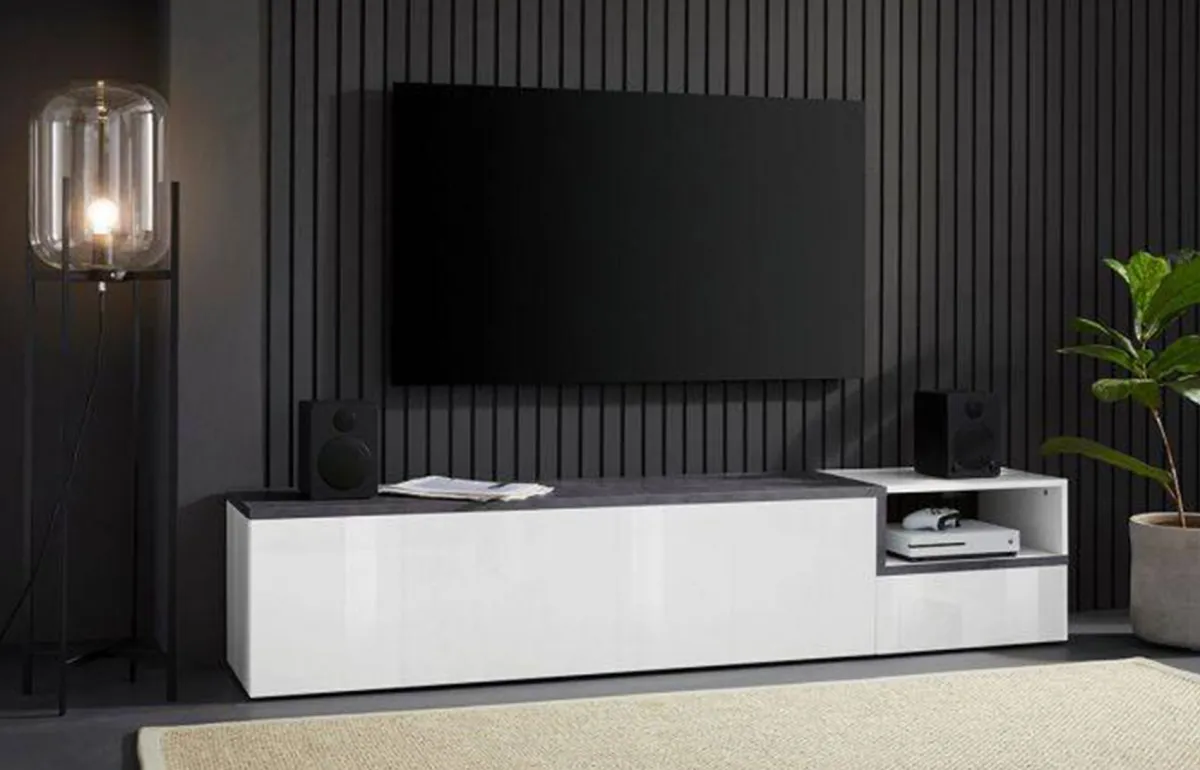 Salotto > Dmora Mobile porta TV Febe, cm 200x40h49, Bianco lucido e Ardesia Grigio Ardesia, Bianco Lucido