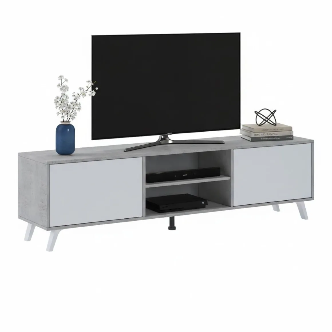 Mobile Porta tv Grigio Cemento Bianco Cassetti un Ripiano 180x40x49h cm, 2 Ante - Misinto