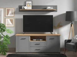 Mobili Porta Tv > Dmora Mobile Porta tv Grigio Scuro Marrone Rovere Nodi 2 Cassetti 4 Ripiani 161x41x66.5h cm, Apertura Battente, Scorrevole - Rotondi Marrone Rovere Nodi, Grigio Scuro