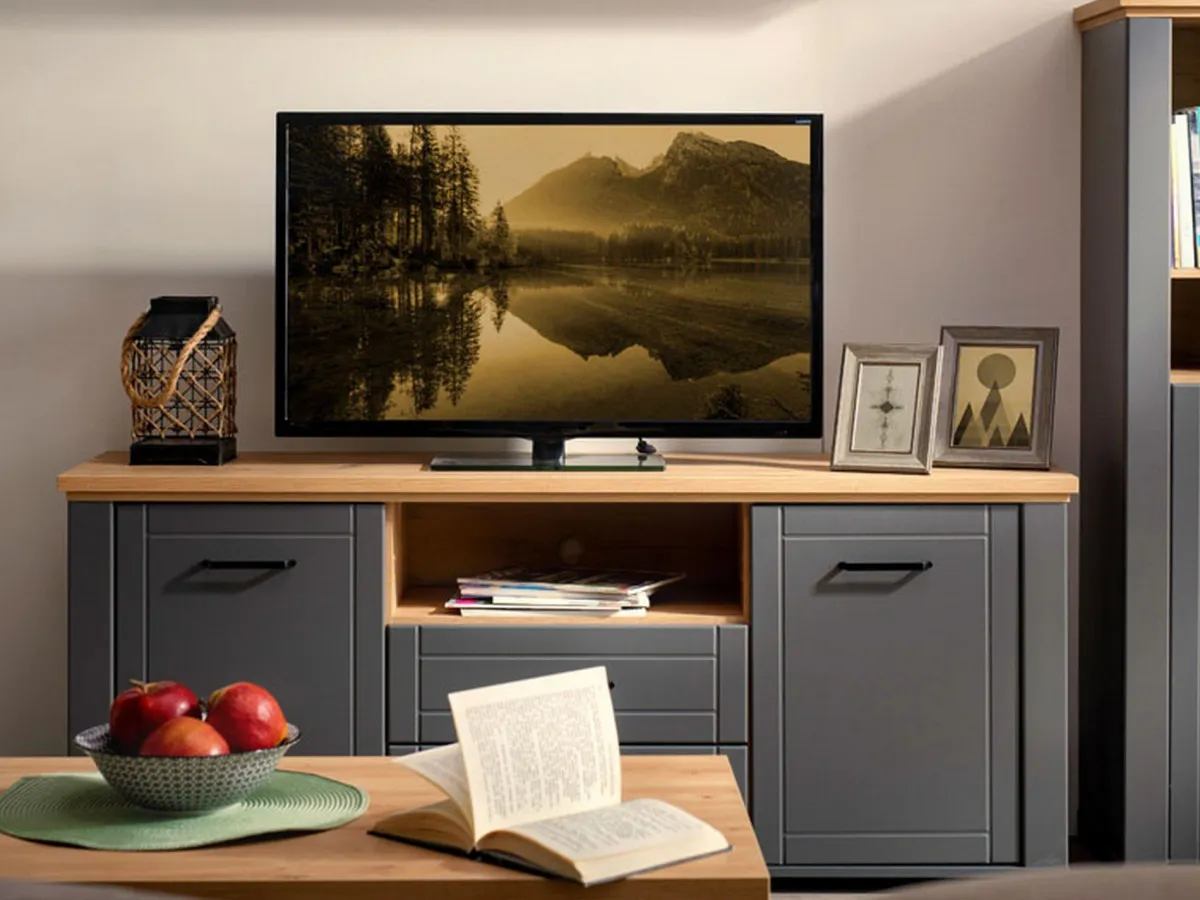 Mobili Porta Tv > Dmora Mobile Porta tv Grigio Scuro Marrone Rovere Nodi 2 Cassetti 4 Ripiani 161x41x66.5h cm, Apertura Battente, Scorrevole - Rotondi Marrone Rovere Nodi, Grigio Scuro