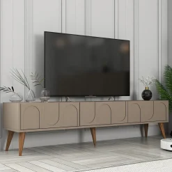 Mobile Porta tv Grigio Tortora Marrone Noce 3 Ante Apertura a Ribalta 180x35x44h cm, 3 Vani - Scafa