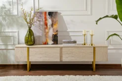 Mobili Porta Tv > Dmora Mobile porta TV Lilith, 180x30 h50 cm, Beige e Oro Oro, Beige