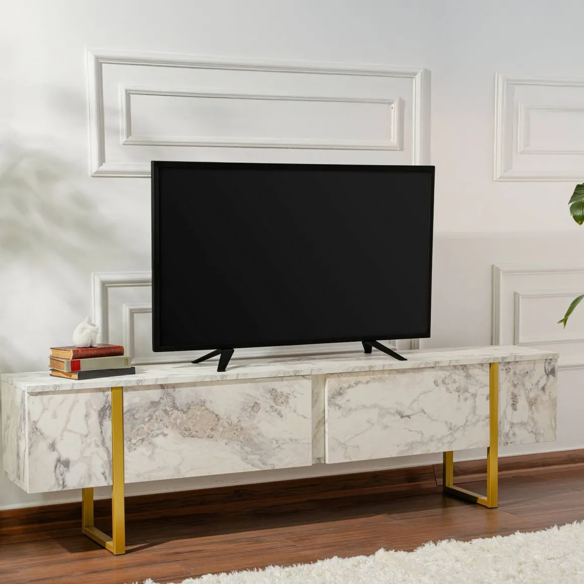 Mobile porta TV Lilith, 180x30 h50 cm, Marmo e Oro