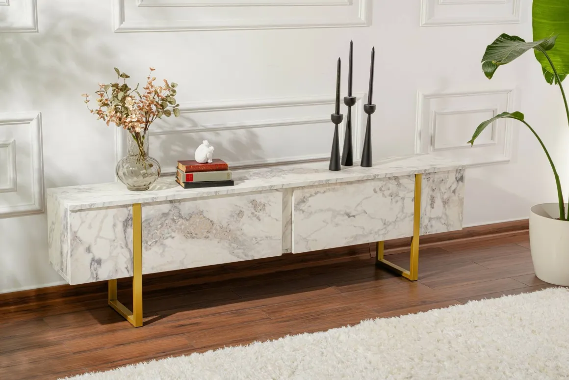 Mobile porta TV Lilith, 180x30 h50 cm, Marmo e Oro