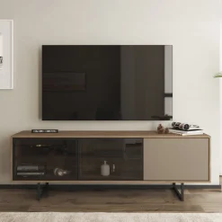 Mobili Porta Tv > Dmora Mobile Porta tv Marrone Noce Beige 3 Ripiani 3 Ante 185x40x60h cm, Anta e Ripiani Dettaglio Vetro - Serrata Beige, Marrone Noce