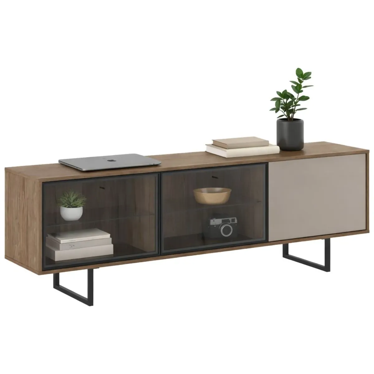 Mobili Porta Tv > Dmora Mobile Porta tv Marrone Noce Beige 3 Ripiani 3 Ante 185x40x60h cm, Anta e Ripiani Dettaglio Vetro - Serrata Beige, Marrone Noce