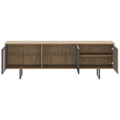 Mobili Porta Tv > Dmora Mobile Porta tv Marrone Noce Beige 3 Ripiani 3 Ante 185x40x60h cm, Anta e Ripiani Dettaglio Vetro - Serrata Beige, Marrone Noce