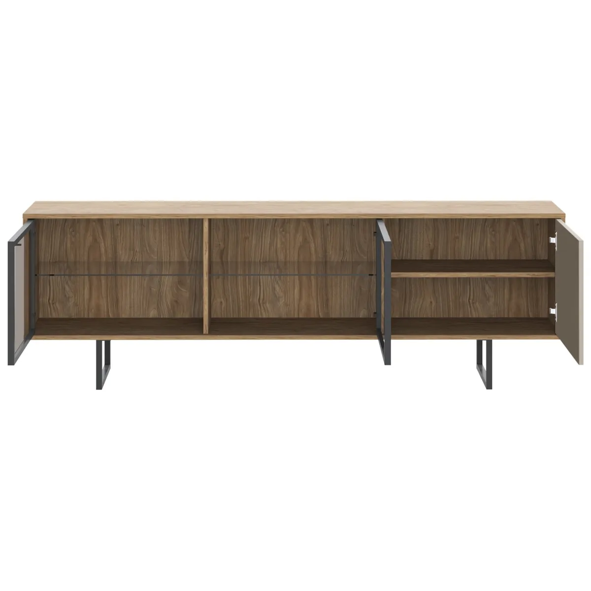 Mobili Porta Tv > Dmora Mobile Porta tv Marrone Noce Beige 3 Ripiani 3 Ante 185x40x60h cm, Anta e Ripiani Dettaglio Vetro - Serrata Beige, Marrone Noce