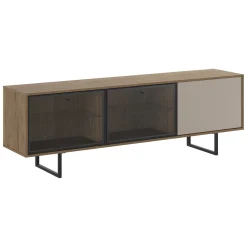 Mobili Porta Tv > Dmora Mobile Porta tv Marrone Noce Beige 3 Ripiani 3 Ante 185x40x60h cm, Anta e Ripiani Dettaglio Vetro - Serrata Beige, Marrone Noce