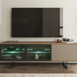 Mobile Porta tv Marrone Noce Beige 3 Ripiani 3 Ante 185x40x60h cm, Anta e Ripiani Dettaglio Vetro, con Luci led - Travesio
