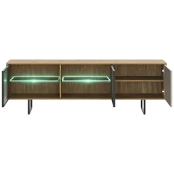 Mobile Porta tv Marrone Noce Beige 3 Ripiani 3 Ante 185x40x60h cm, Anta e Ripiani Dettaglio Vetro, con Luci led - Travesio