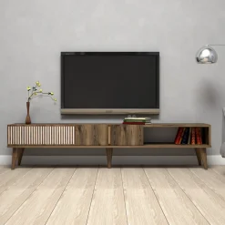 Mobile Porta tv Marrone Noce Bianco 2 Ante Apertura a Ribalta 180x35x40h cm, 3 Vani - Ofena