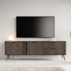 Mobili Porta Tv > Dmora Mobile Porta tv 2 Cassetti 3 Ripiani 195x38x61h cm, 2 Ante - Kamirili Marrone Noce